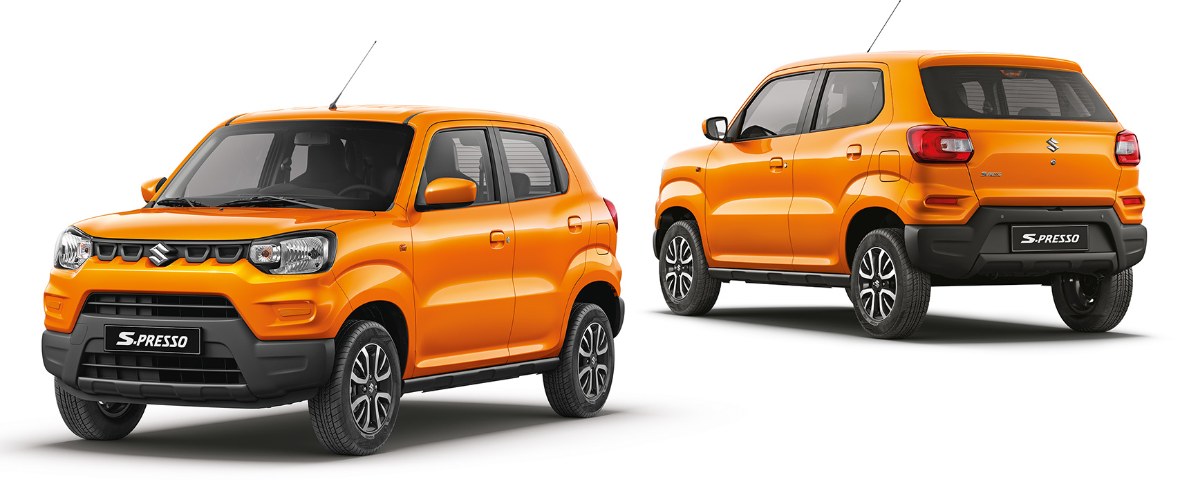 Front-quarter-of-orange-S-PRESSO-facing-left Rear-quarter-of-orange-S-PRESSO-facing-left