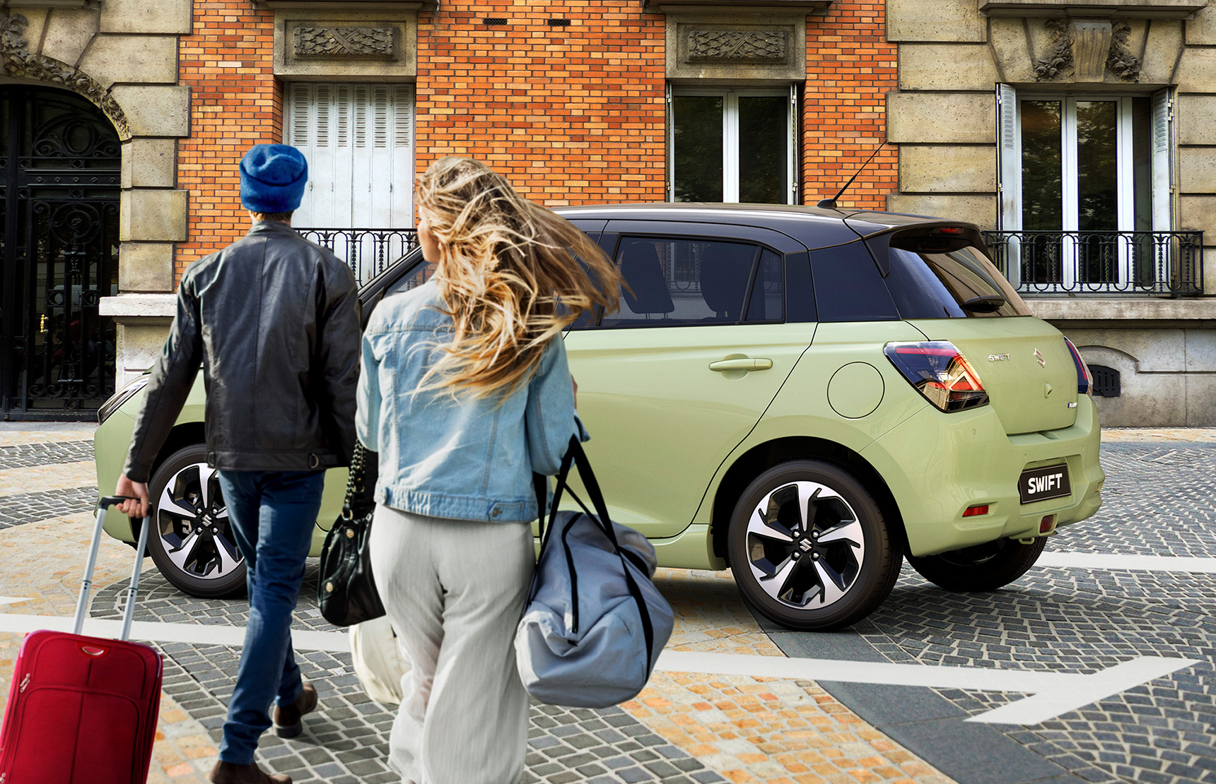 A-man-with-a-suitcase-and-a-woman-with-a-bag-are-walking-toward-a-yello-Swift