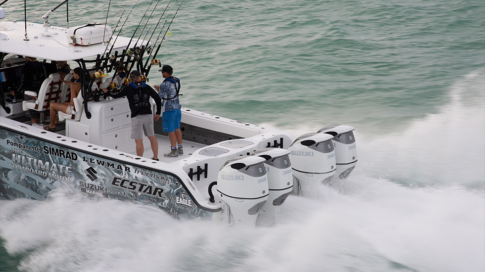 Photo of boat with dual installment of DF350A shot from above